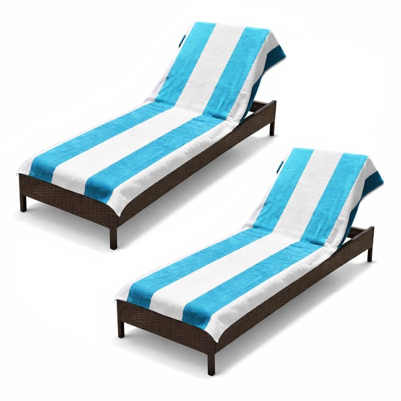 100% Cotton Cabana‑Stripe Lounge Chair Cover Terry Towel with Fitted Pocket & Back Flap Set of 2