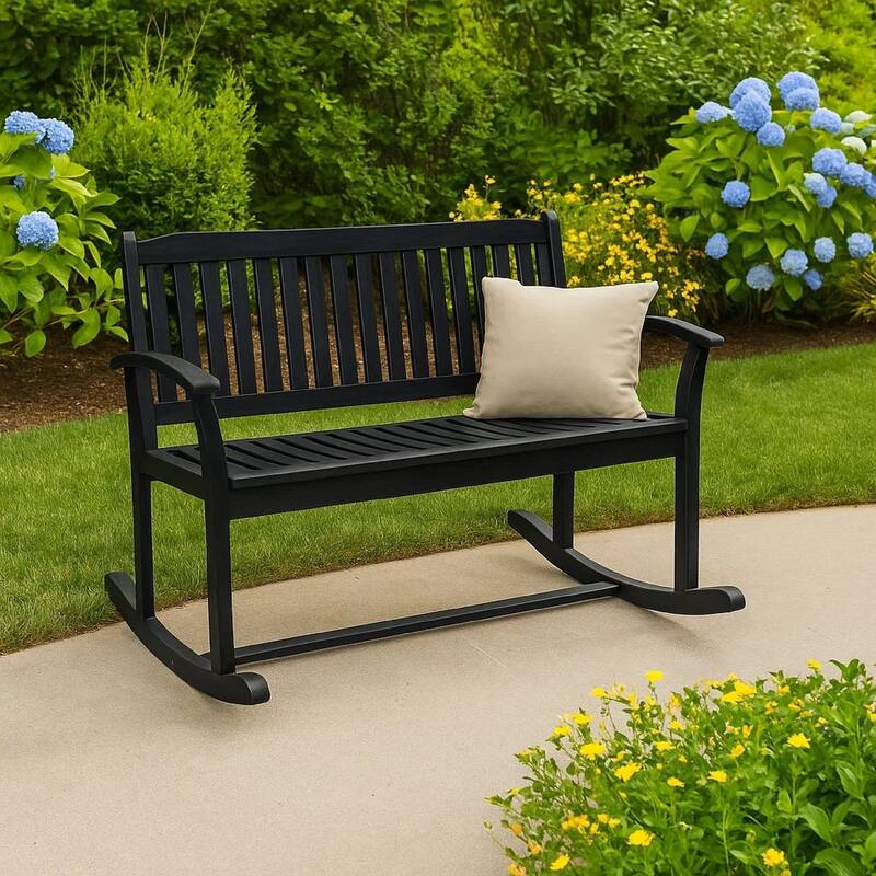 Outdoor Rocking Loveseat Bench, 50 Inch Gray Acacia Wood