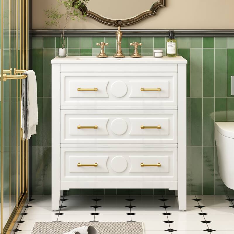 GDFStudio - Wimborne Retro Freestanding Bathroom Vanity with Ceramic Sink and 3 Storage Drawers - 30'W