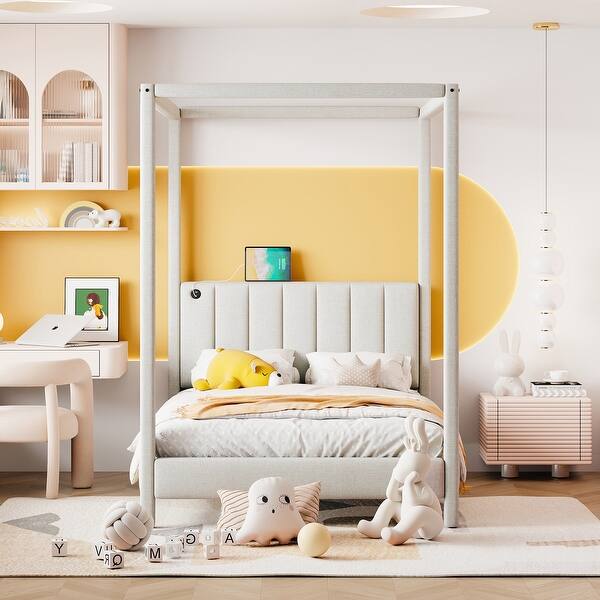 slide 2 of 19, Classic Queen Size Canopy Platform Bed with USB and Type-C Ports for Kids Teens Adults No Box Spring Needed, Easy Assembly Beige