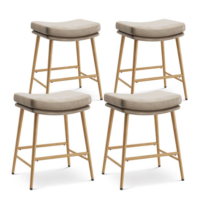 RENEWLINE Metal Bar Stools, 24 Inch Backless Counter Height Stools（Set of 2/3/4/6） with PU Leather Seat & Footrest - Set of 4 - Light Coffee