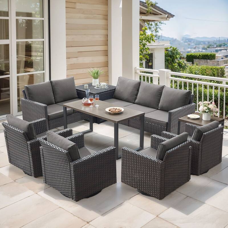 Gymojoy 9 Person Outdoor Courtyard Wicker Family Conversation Set Group With Swivel Chairs And Storage