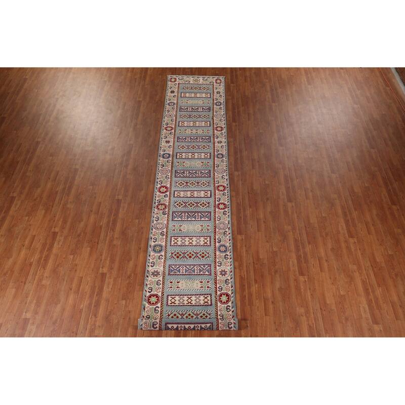 Blue Kazak Oriental Runner Rug Hand-Knotted Geometric Wool Carpet - 3'3" x 16'3"