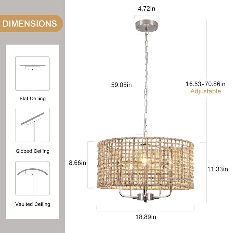 5 - Light Dimmable Drum Chandelier Natural Rattan Bohemian & Coastal Pendant - 18.9 in