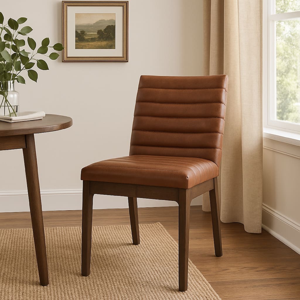 Lissa Dining Chair, Channel Stitching, Brown Polyester Cushions, Wood Legs