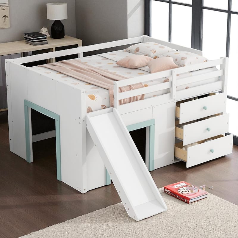Full Size Low Loft Bed with Slide, 3 Storage Drawers, 2 Doors, Solid Wood Frame, White Loft Bed for Kids - White - Full