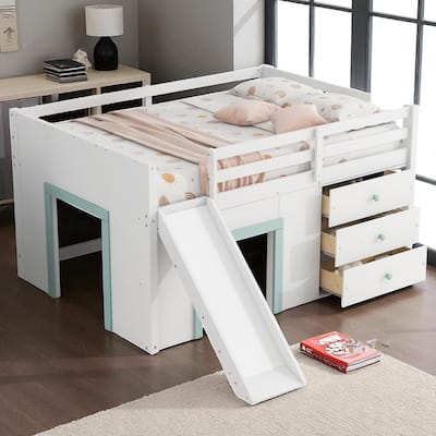 Full Size Low Loft Bed with Slide, 3 Storage Drawers, 2 Doors, Solid Wood Frame, White Loft Bed for Kids