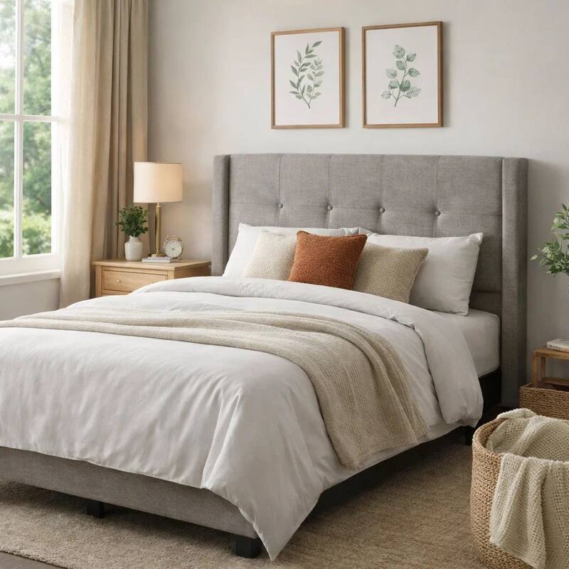 Adams Queen Size Headboard, Adjustable Metal Legs, Tufted Linen, Grey