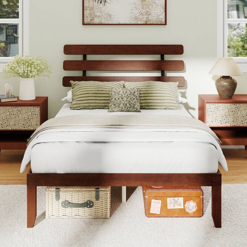 Walnut Solid Rubber Wood Platform Bed with Retro Headboard and Slatted Mattress Base - Multi