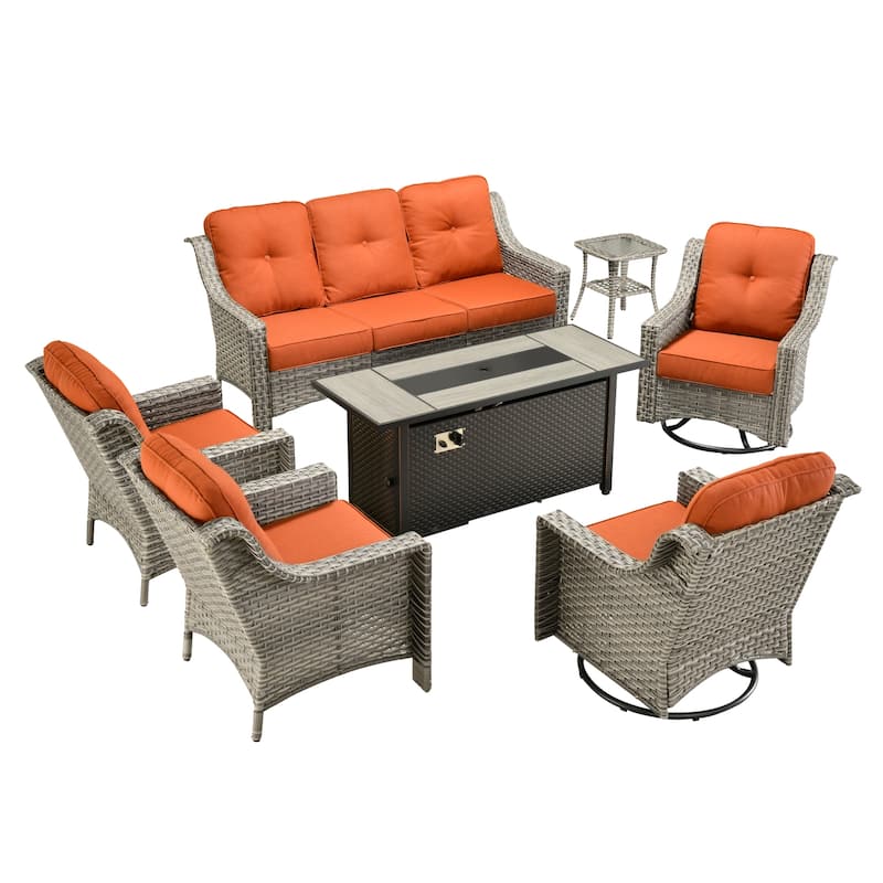 OVIOS 7-piece Patio Wicker Swivel Rocking Chair Set With Fire Pit