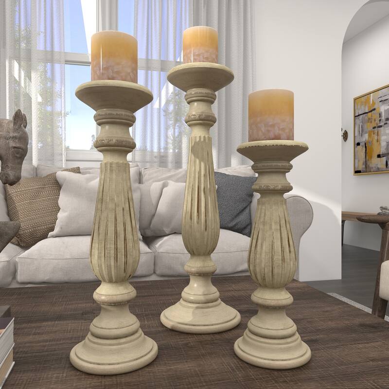 Traditional Mango Distressed Turned Pillar Wood Candle Holder (Set of 3) - Dark Brown, Beige, White