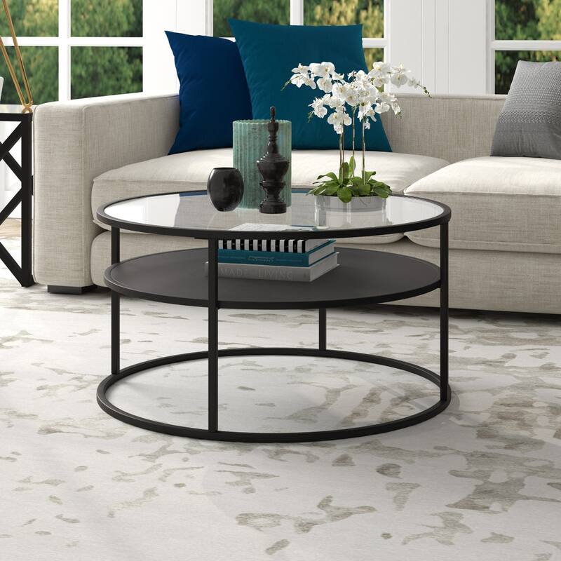 32" Black Glass Round Coffee Table with Steel Base and Storage Shelf - 32” x 32” x 17”