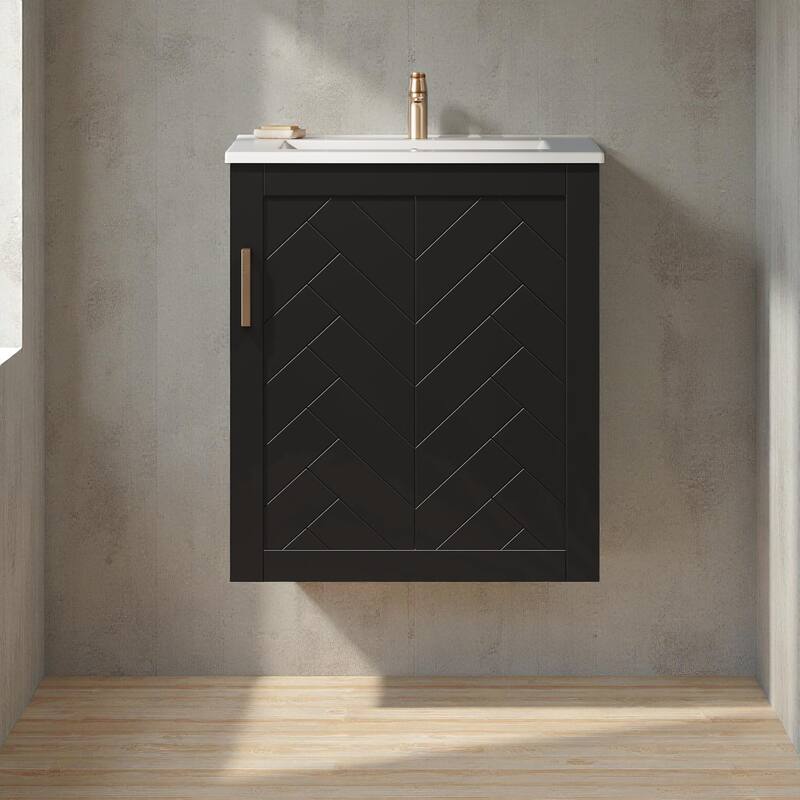 20" Wall Mounted Bathroom Vanity with Sink, Solid Wood & MDF Floating Cabinet, Side Shelf & Soft-Close Door - Black
