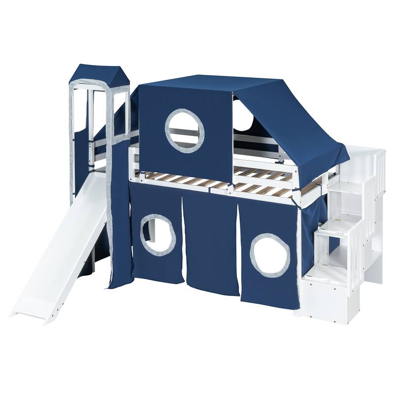Blue Twin Loft Bed with Tent, Tower, and Playhouse Design for Kids