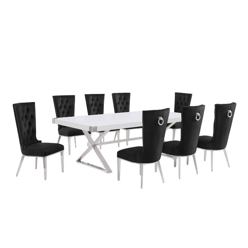 Best Quality Furniture D442/3-SC330-7 Dining Set with 94" White Lacquer Wood Top - 9-Piece - Black / Silver