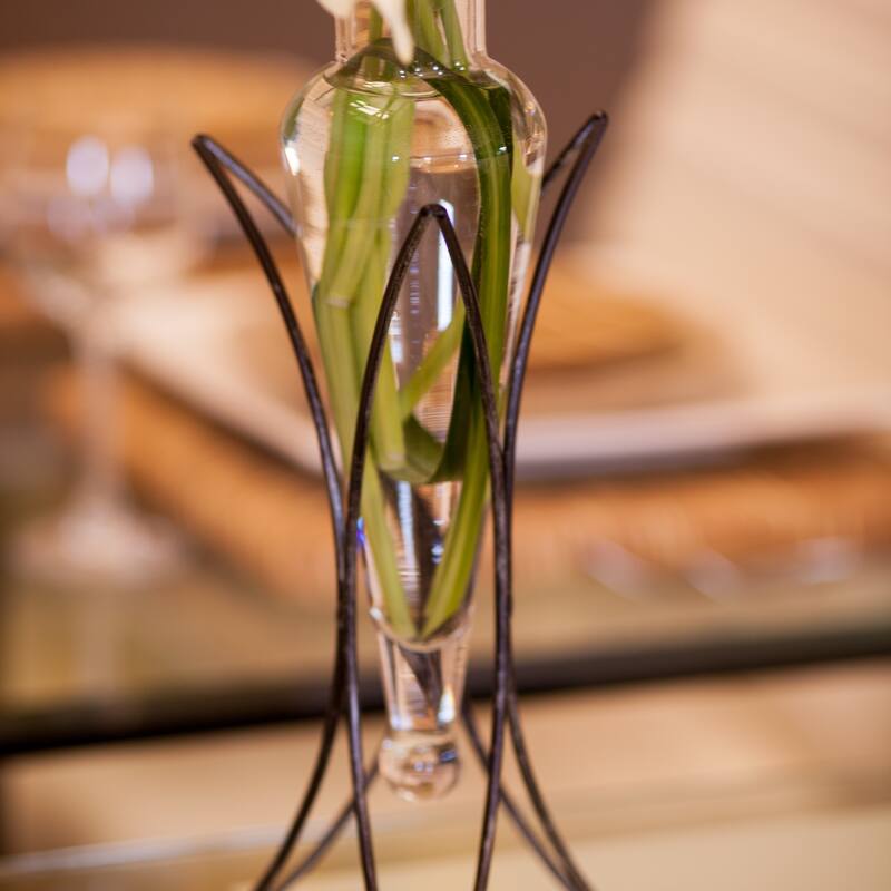 Clear Amphora Vase with Metal Half Moon Stand