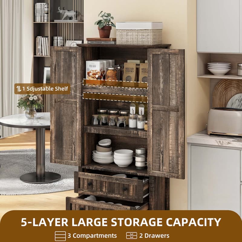 64" Farmhouse Tall Kitchen Pantry Storage Cabinet with 2 Drawers & Doors