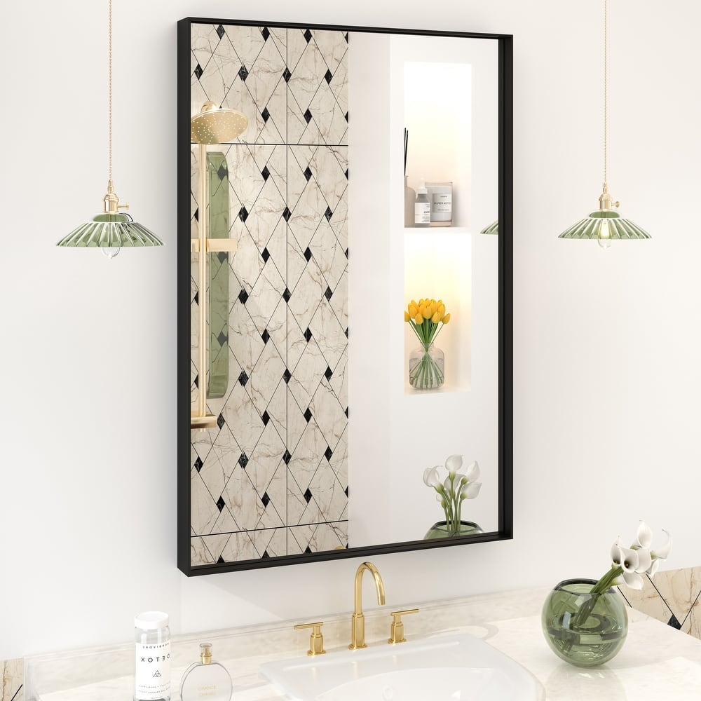 Extra Large Metal Frame Wall Mirror Black Tempered Glass for Bathroom