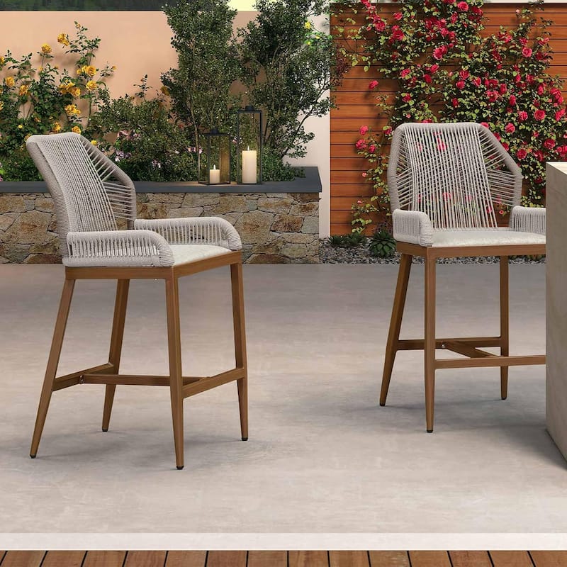 PURPLE LEAF Outdoor Bar Stools Chair Set of 2, All Weather Rattan and Aluminum Patio Bar Stool with Cushion - Alabaster-counter stool