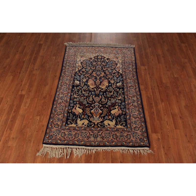 Vegetable Dye Blue Animals Isfahan Persian Vintage Wool Carpet - 3'4" x 5'3"