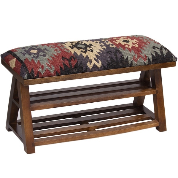 Handmade Kilim Upholstered Wooden Storage Bench (India) - 30" L x 12" W x 16" H. Opens flyout.