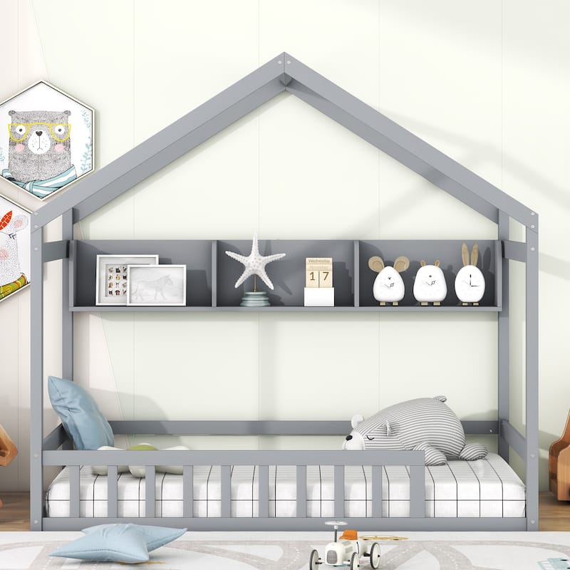 Wooden Twin Size House Bed with Storage Shelf,Kids Bed with Fence and Roof
