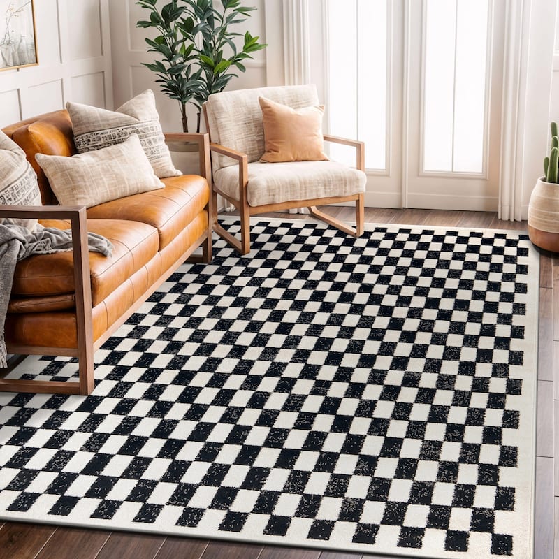 Contemporary Checkered Stylish Area Rug, Pet Friendly for Any Room - 5' x 7' - Black