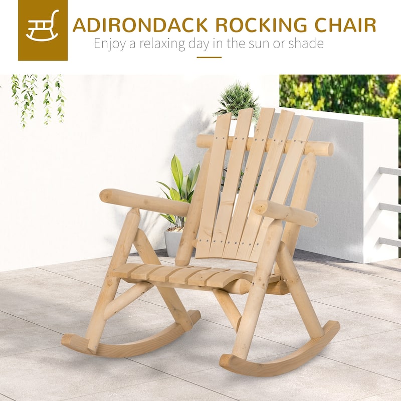 Outsunny Outdoor Rustic Adirondack Rocking Chair, Fir Wood Log Slatted Design Patio Rocker for Porch Garden Lounging
