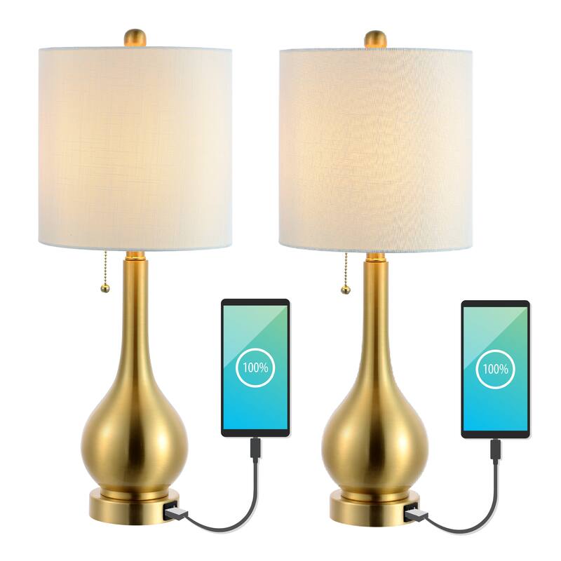 Grant 24" Modern Classic Gourd Iron LED Table Lamp with Pull-Chain with Dual USB Charging Port, by JONATHAN Y (Set of 2)