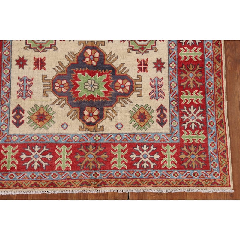 Traditional Kazak Area Rug Handmade Beige Geometric Wool Carpet - 3'11" x 5'11"