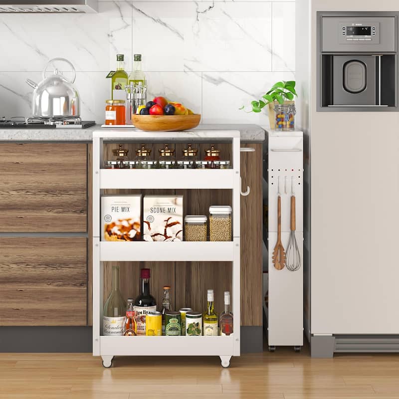Slim Storage Cart, 4-Tier Kitchen Rolling Cart Narrow Storage Cabinet with Handle & Wheels, Metal Rolling Shelf Unit