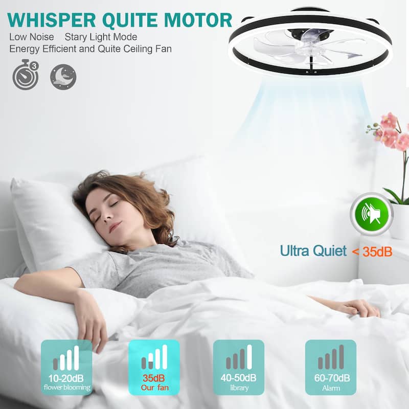 Oaks Aura Modern 20in. Low Profile Ceiling Fan with Light, 6-Speed Flush Mount Ceiling Fan, Smart App Remote Control For Bedroom