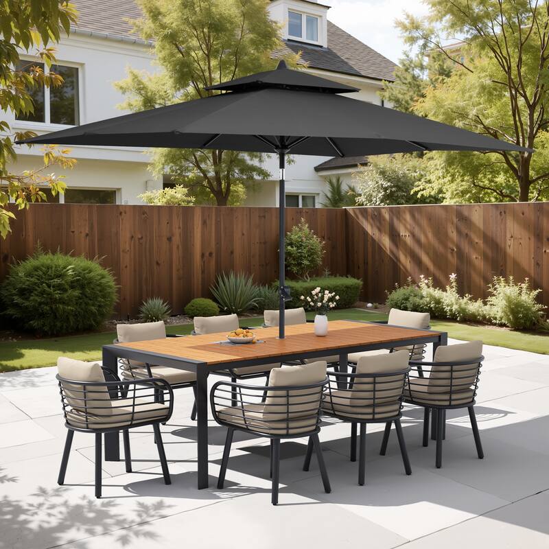 9/11-Piece Outdoor Patio Dining Set w/10 ft Umbrella and Base Aluminum Dining Table and Dining Chairs with Sunbrella Cushions