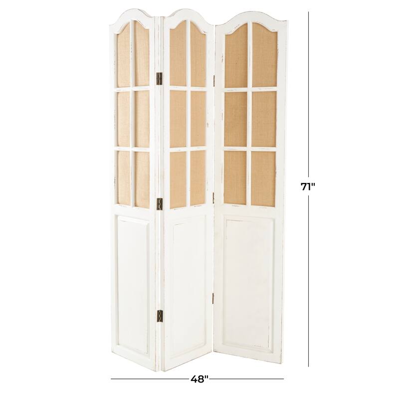 Wood Hinged Foldable Partition 3 Panel Room Divider Screen with Burlap Window Pane Design - Beige - Roche River Decor