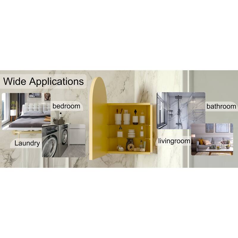 18x24 Inch Metal Corner Medicine Cabinet with Arched Mirror, Adjustable Glass Shelves, Space-Saving Bathroom Storage
