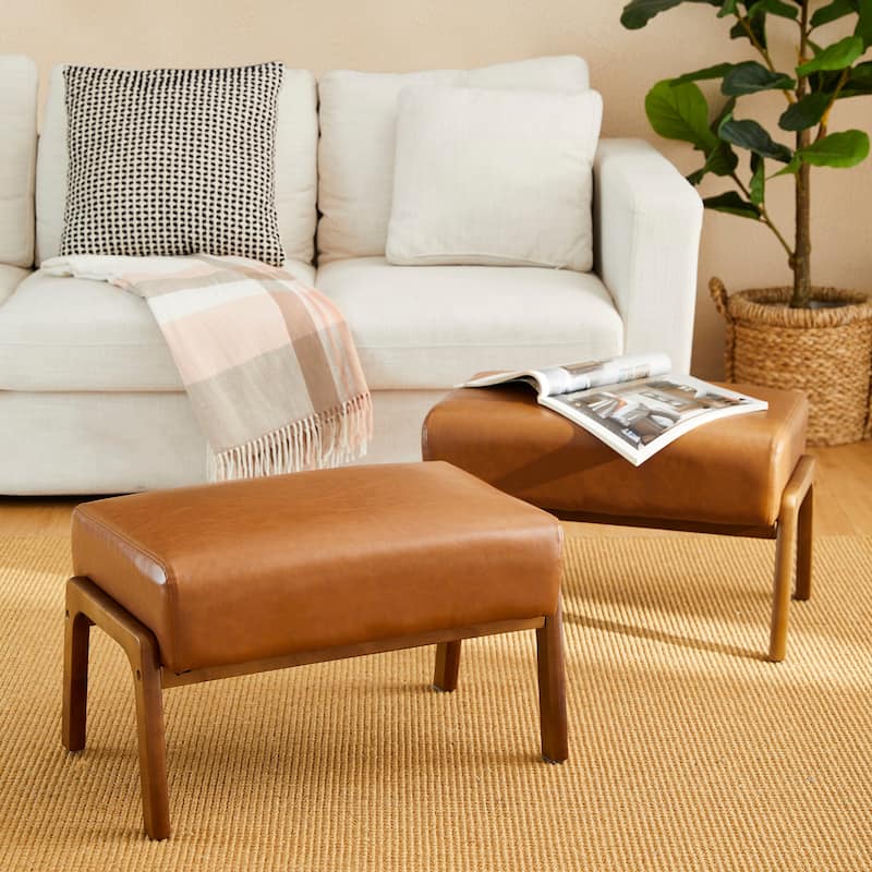Glitzhome Set of 2 Mid-century Leatherette Ottoman Accent Stools - Camel