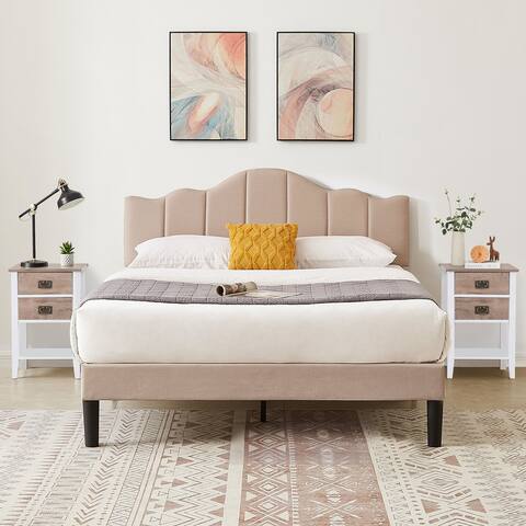 3-Piece Upholstered Bedroom Set Bed Frame and Nightstands Set of 2, Wooden Slats