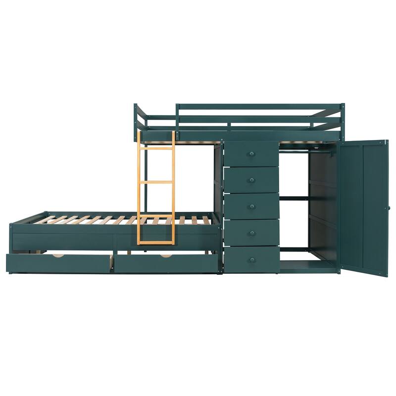 Full Size Bunk Bed with Storage - 2 Large & 5 Small Drawers, Small Wardrobe, MDF & Solid Wood