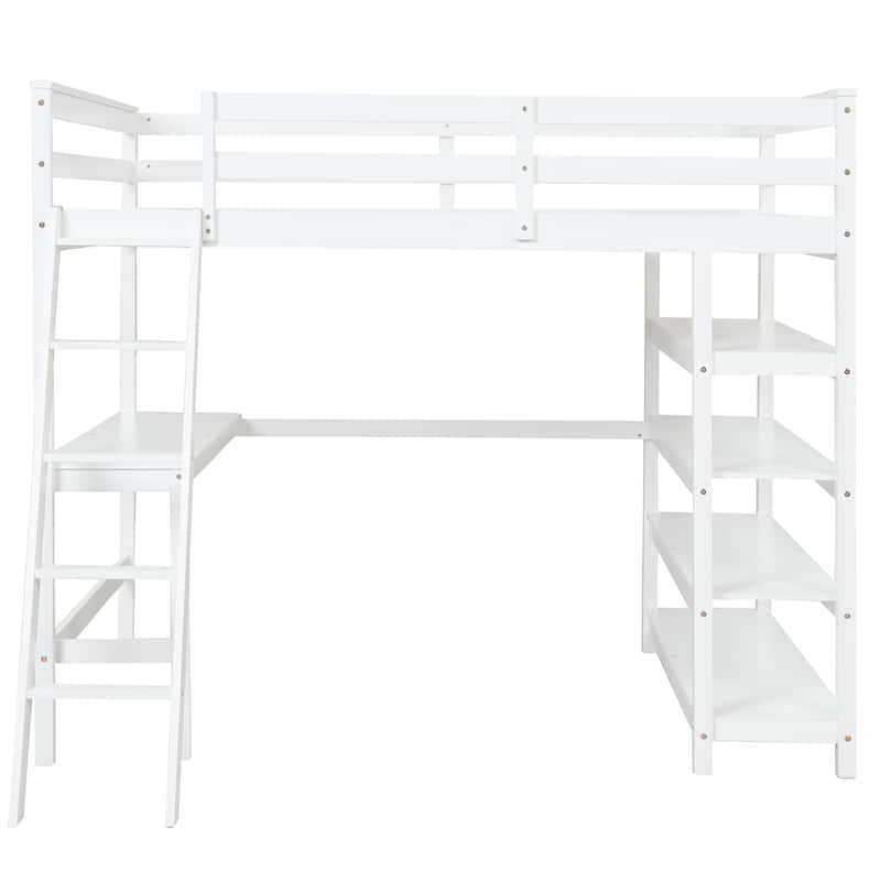 Loft Bed Full with Storage Desk Ladder and Shelves White