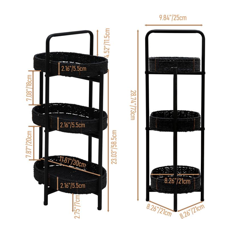Anmytek 3 Tier Woven Storage Cart Black Organizer for Kitchen Bathroom Living Room