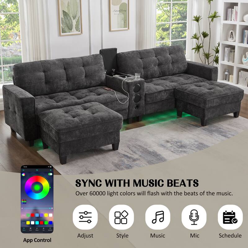 Roomfitters 126 Inch U-Shaped Modular Sectional Sofa with Storage Ottomans and Bluetooth Console