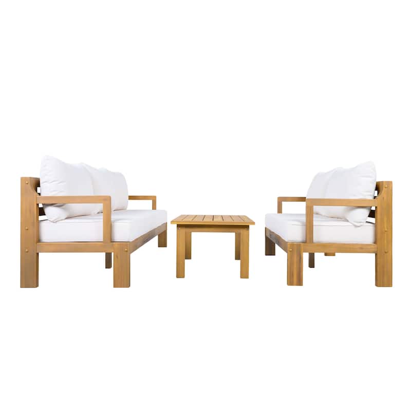 Christopher Knight Home - Modern 3-Piece Acacia Wood Outdoor Sectional Set with 3-Seater Sofa, Loveseat & Coffee Table