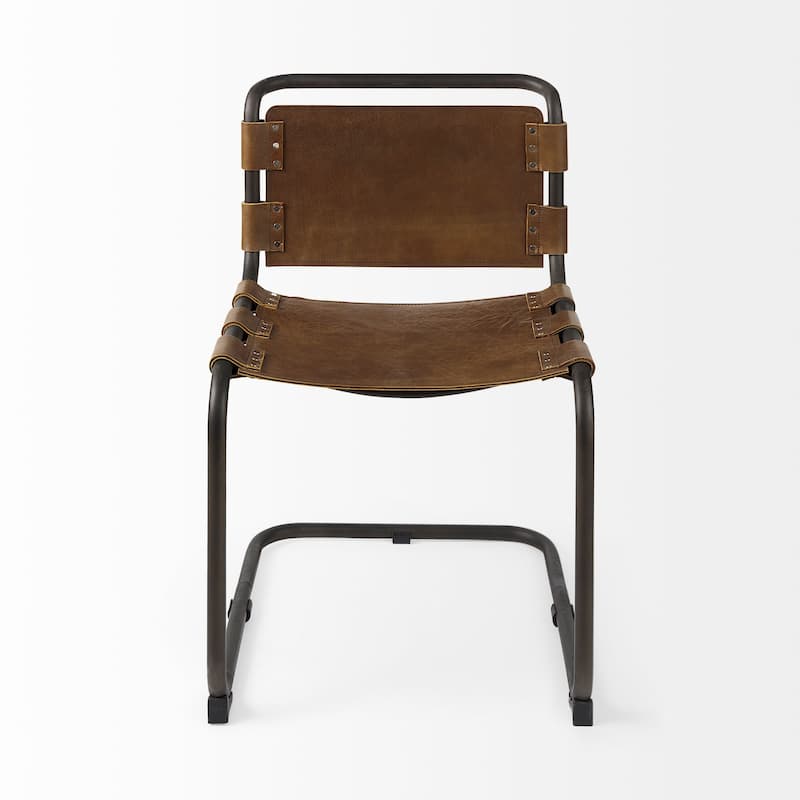 Berbick Medium Brown Genuine Leather w/ Gunmetal Iron Frame Dining Chair - 20.5"W x 24"D x 33"H