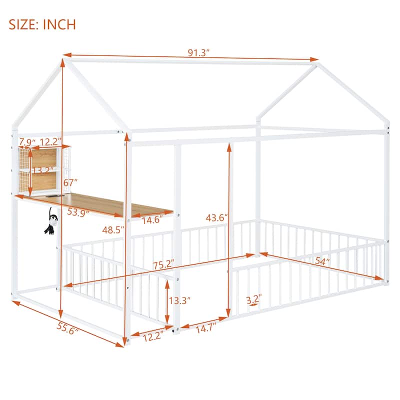 Full Size Metal Bed House Bed Frame with Desk, Shelves, Power Outlets and USB Ports, White