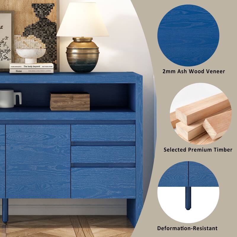 Ash Veneer Sideboard, 3-Door Sideboard Large Storage Cabinet, Buffet Cabinet Cupboard with 3 Drawers and Semi-Open Shelf