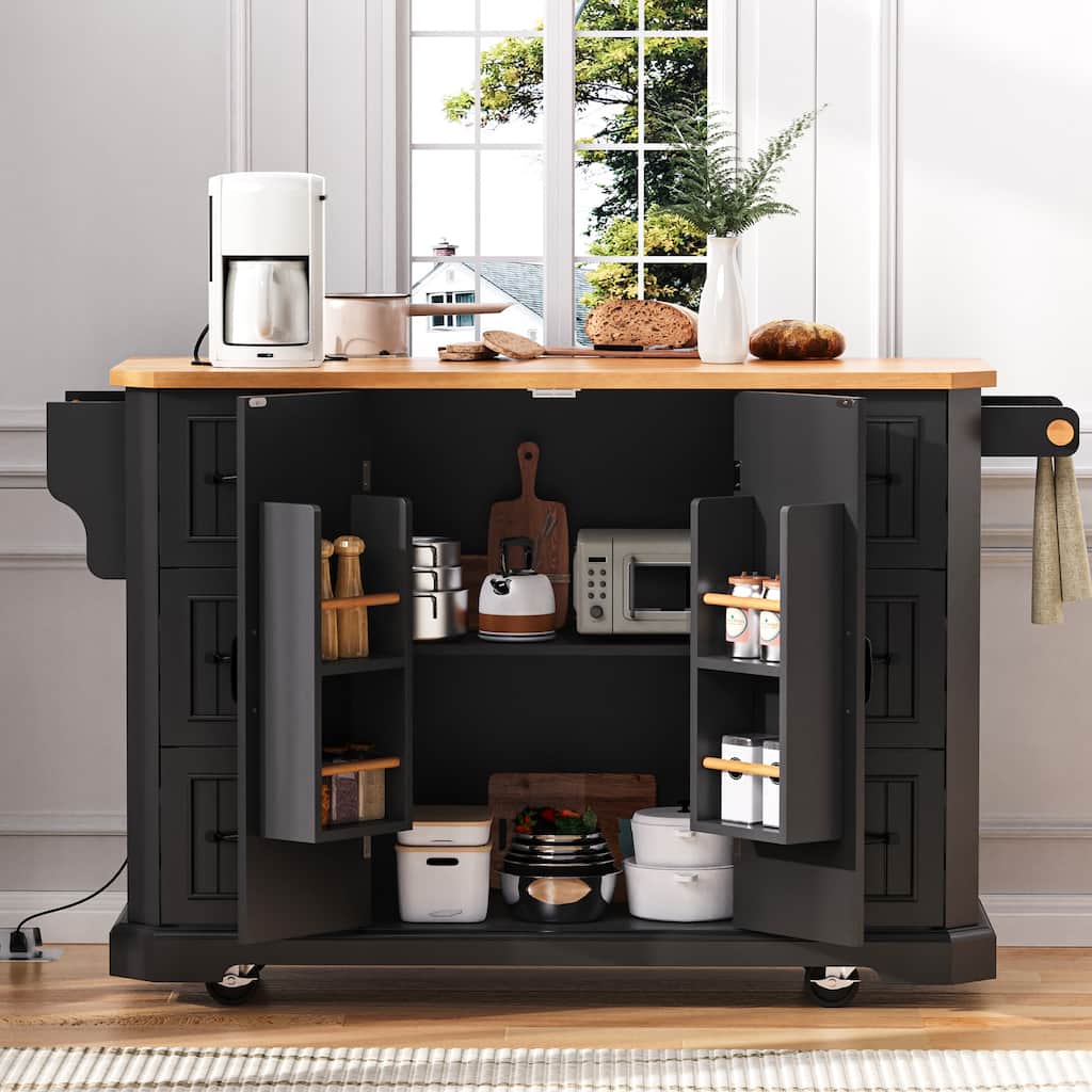 56" Kitchen Island With Drop Leaf, Rolling Kitchen Cart On Wheels, Rolling Kitchen Table with Drawers