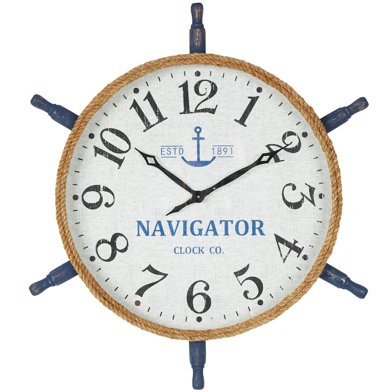 Wood Ship Wheel Decorative Wall Clock with Brown Rope Frame and Blue Spokes - White - Roche River Decor - White
