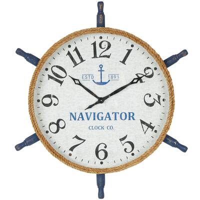 Wood Ship Wheel Decorative Wall Clock with Brown Rope Frame and Blue Spokes - White - Roche River Decor
