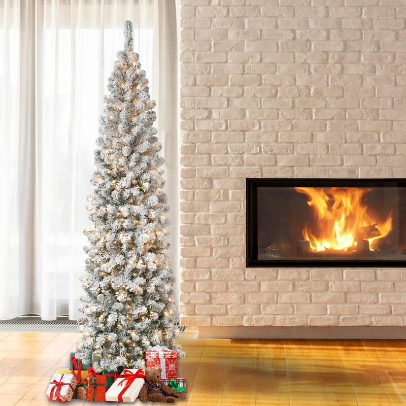 National Tree Company 7.5 ft. Acacia Pencil Slim Flocked Tree with Clear Lights - 7.5 Foot