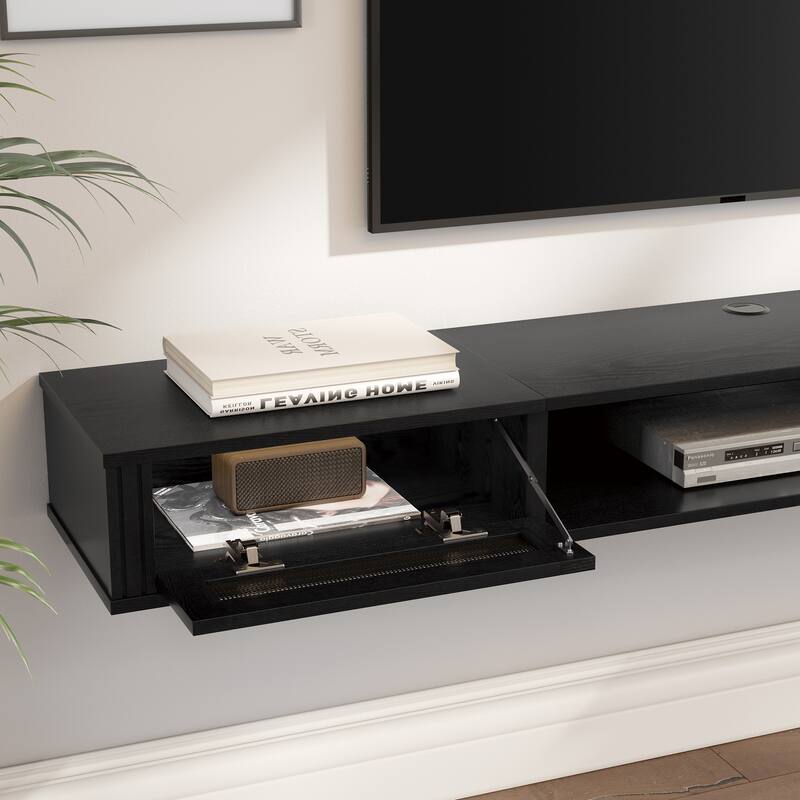 WAMPAT Floating TV Stand Shelf with Power Outlet and 2 Rattan Doors